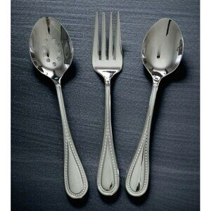 3 Gourmet Settings Serving Set Fork Solid/Slotted Spoon Beaded Glossy Stainless